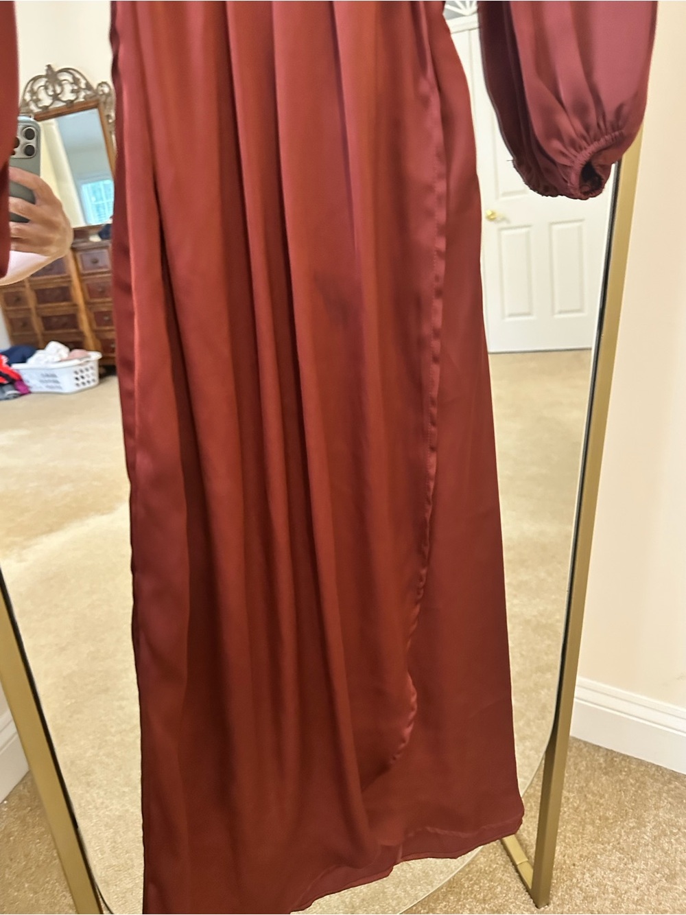 Long Burgundy Satin Dress with Puff Sleeves - Picture 5 of 9